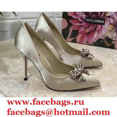 Dolce & Gabbana Heel 10.5cm Satin Pumps Beige with Crystal Bow 2021